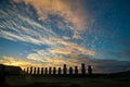 Moai statue silhouettes at sunset on Easter Island Royalty Free Stock Photo
