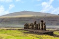 Moai statues in the Rano Raraku Volcano in Easter Island, Rapa Nui National Park, Chile Royalty Free Stock Photo