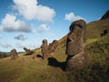 Moai statues in the Rano Raraku Volcano in Easter Island, Rapa Nui National Park, Chile Royalty Free Stock Photo