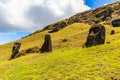 Moai statues in the Rano Raraku Volcano in Easter Island, Rapa Nui National Park, Royalty Free Stock Photo