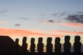 Moai Statues at Sunset on Easter Island Royalty Free Stock Photo
