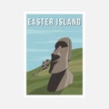 Moai vector poster, stone monolithic statues on Easter Island in the Pacific Ocean