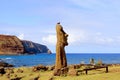 Moai A Vere Ki Haho at the entrance to Ahu Tongariki with a bird perching on statue`s head, Easter Island, Chile