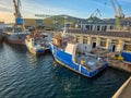 Croatia, Trogir, November 1st 2025 - Moan Marin workboat alongside at a shipyard undergoing extensive refit Royalty Free Stock Photo