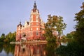 Moat and towers of New Castle in the park Muskauer Royalty Free Stock Photo