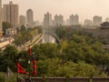 Moat by the side of the city wall in Xian, China on smoggy day