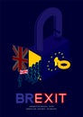 Mob of Man pictogram holding united kingdom flag exit from isometric lock with key unlock European Union EU flag, Brexit concept Royalty Free Stock Photo