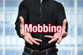 Mobbing, bullying, man holds lettering in the hands Royalty Free Stock Photo