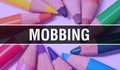 Mobbing concept banner with texture from colorful items of education, science objects and 1 september School supplies. Mobbing