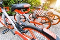 Mobike bicycles, Public bicycle parked in public area for tourists and people interested in borrowing to ride in the city and