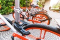 Mobike bicycles, Public bicycle parked in public area for tourists and people interested in borrowing to ride in the city and