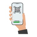 Mobil scan flat icon with hand isolated on white background. QR code reader vector illustration