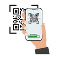 Mobil scan flat icon with hand isolated on white background. QR code reader vector illustration