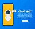 Chatbot banner concept. Horizontal business banner template with illustration of man chatting with chat bot in smartphone.