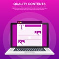 Quality contents. Blogger character. SEO optimization. Content for creative blog post. Vector illustration.