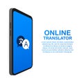 Online translator concept isometric vector illustration. Smartphone with flags of different states and world map Royalty Free Stock Photo