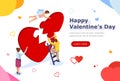 Happy Valentines day, love concept. People and Cupid make a gig red heart from puzzle, banner design Royalty Free Stock Photo