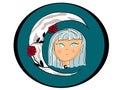 Moon girl icon in blue with roses and the moon behind, the girl has blue eyes, is cartoon