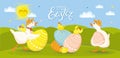 Happy Easter! Various eggs, chicken, butterfly, duck, goose, sun, tulips, flowers, basket, tulips, pot Royalty Free Stock Photo