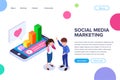 Isometric Social Media Marketing Concept. An employee talks about the importance of promoting business in social networks