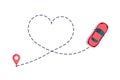 Love car route. Romantic travel, heart dashed line trace and routes. Hearted vehicle path, dotted love valentine day Royalty Free Stock Photo