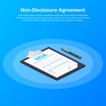 Signing NDA. Non disclosure agreement document. Vector illustration.