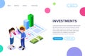 Isometric Investment Concept. Man talks about the benefits of investment on the background of the graph of growth of income. Royalty Free Stock Photo