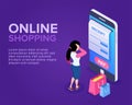 Isometric Online Shopping Concept. Girl with the shopping next to the phone and commodity check. Sale of goods via the Internet.