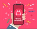 Hand holding smartphone and online shopping Royalty Free Stock Photo
