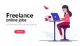 Freelancer worker concept. Online learning. A freelance girl does work from home or anywhere in the world.