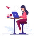 Freelancer worker concept. Online learning. A freelance girl does work from home or anywhere in the world.