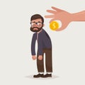 Hand holding coin inserting into back of businessman with glasses and beard.