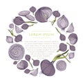 Vector vegetable wreath with purple onions circle template for social media and greeting cards
