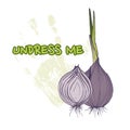 Vector greeting card with onions and phrase undress me funny background with vegetable