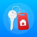 Hand agent with home in palm and key on finger. Offer of purchase house, rental of Real Estate. Vector illustration.