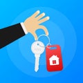 Hand agent with home in palm and key on finger. Offer of purchase house, rental of Real Estate. Vector illustration.