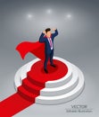 Super Hero Businessman stands on a round podium with a red carpet. Awarding Ceremony. Editable vector illustration. Royalty Free Stock Photo