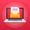 You`re invited! Badge icon. Written Inside An Envelope Letter. Vector illustration.