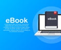 Download book. E-book marketing, content marketing, ebook download on laptop. Vector illustration. Royalty Free Stock Photo