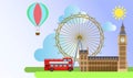 London architecture. such as london eye wheel , westminster palace , tourist balloon