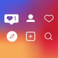 Set of social media icons inspired by Instagram: like, follower, comment, home, camera, user, search. Vector illustration with whi