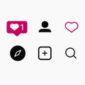 Set of social media icons inspired by Instagram: like, follower, comment, home, camera, user, search. Vector illustration with whi