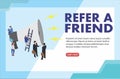 People shout on megaphone with Refer a friend word concept vector isometric illustration with character hand shake, landing page, Royalty Free Stock Photo