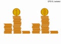 Podium of stacks of coins. Many gold coins in towers. Bitcoin.