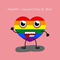Heart character with color of LGBT flagon pink background for valentine`s day