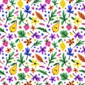 Summer, spring botanical seamless pattern with leaves, flowers, berrys, fruits and butterfly, different leafs vector. Royalty Free Stock Photo