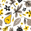 Leaves, flowers, berrys, fruits flat hand drawn seamless pattern. Doodle and cartoon texture.