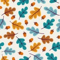 Seamless pattern with acorns and autumn oak leaves in Orange, Beige, Brown, Yellow, Blue Royalty Free Stock Photo