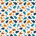 Seamless pattern with acorns and autumn oak leaves in Orange, Beige, Brown, Yellow, Blue