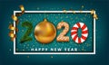 Vector Happy New Year background. 2020 number made from golden christmas ball bauble, cookie, candy and christmas tree Royalty Free Stock Photo